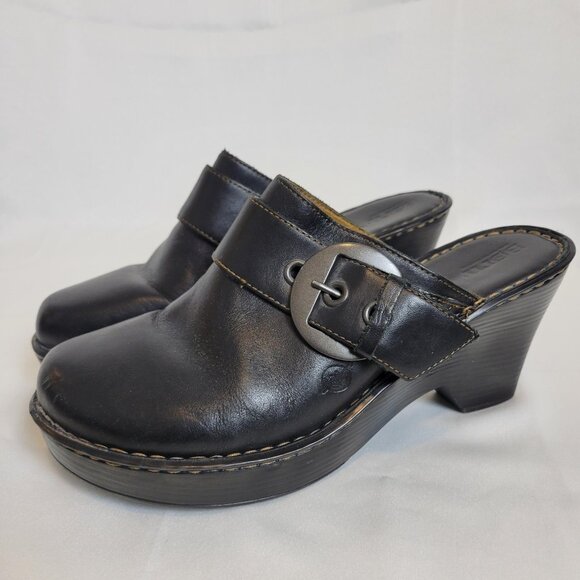 Born Black Leather Slip On Heeled Monk Strap Buckle Clogs Women's 10 (EU 42) - Picture 2 of 8
